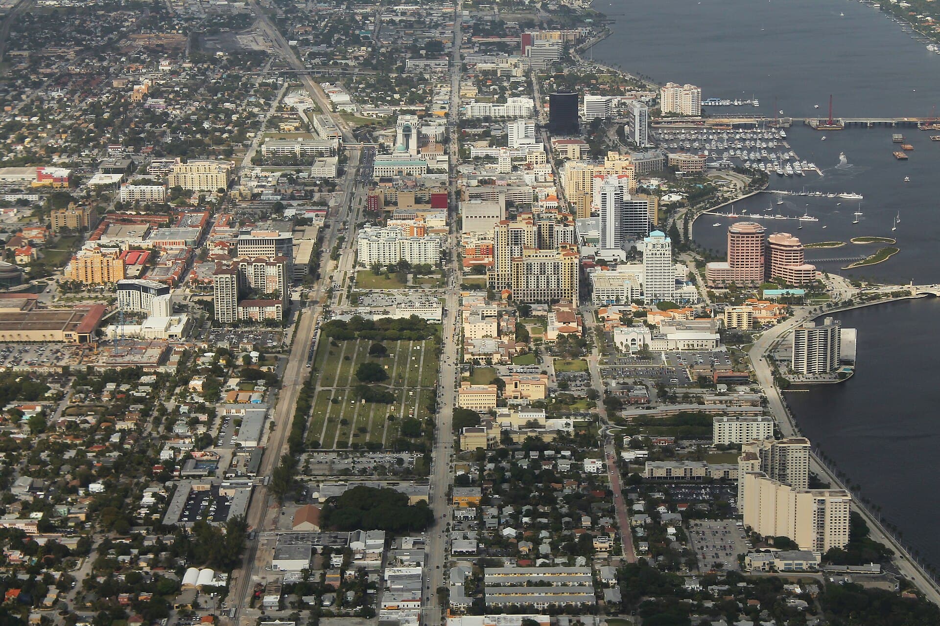Aerial view of downtown West Palm Beach looking east over the downtown core to the Flagler Drive waterfront and the Intracoastal Waterway.